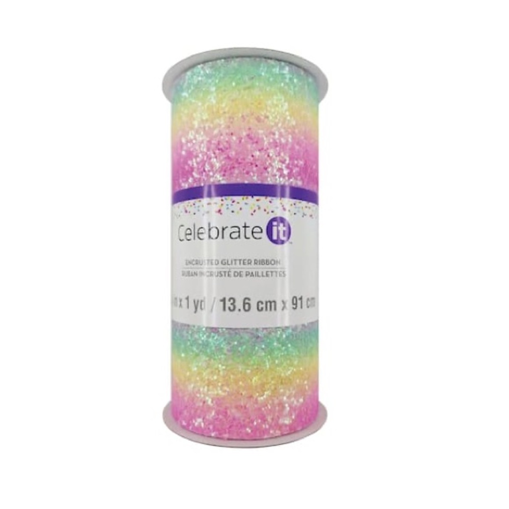 Celebrate It Multicolor Glitter Ribbon, Rainbow Ribbon, Sparkly Ribbon for DIY